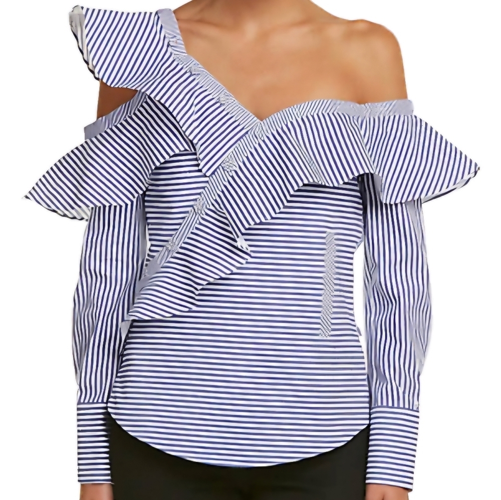 V Cristina Off Shoulder Blouse Blue White Women Large Ruffle Asymmetric Flounce